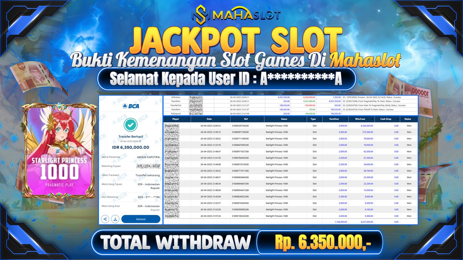 MAHASLOT JACKPOT SLOT GAMES STARLIGHT PRINCESS 1000 Rp. 6.350.000,- LUNAS
