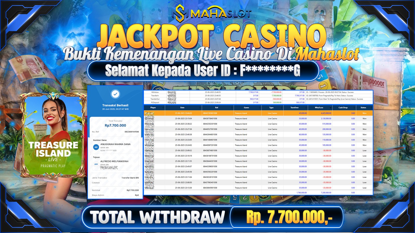 MAHASLOT JACKPOT LIVE CASINO GAME TREASURE ISLAND Rp. 7.700.000,- LUNAS