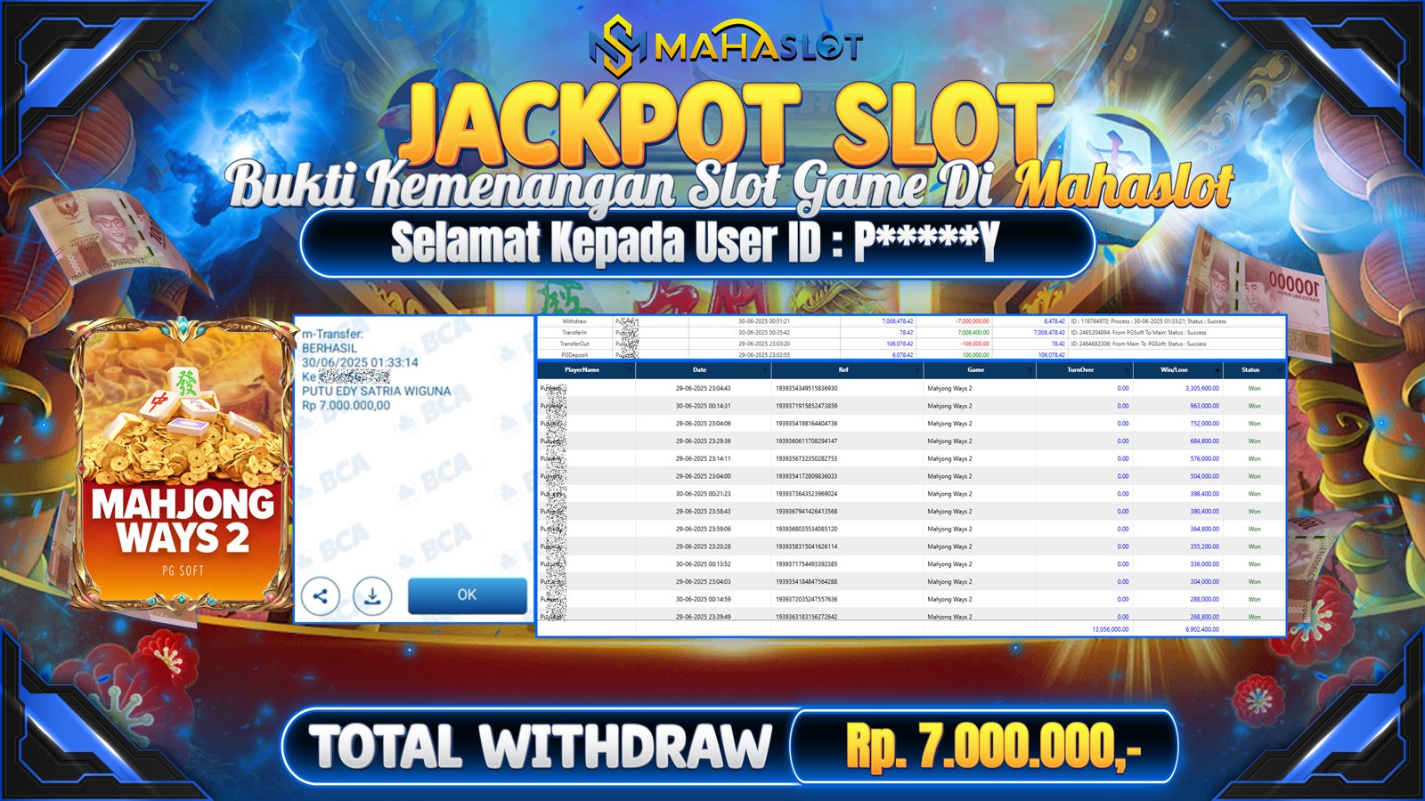 MAHASLOT JACKPOT SLOT GAME MAHJONG WAYS 2 Rp. 7.000.000,- LUNAS