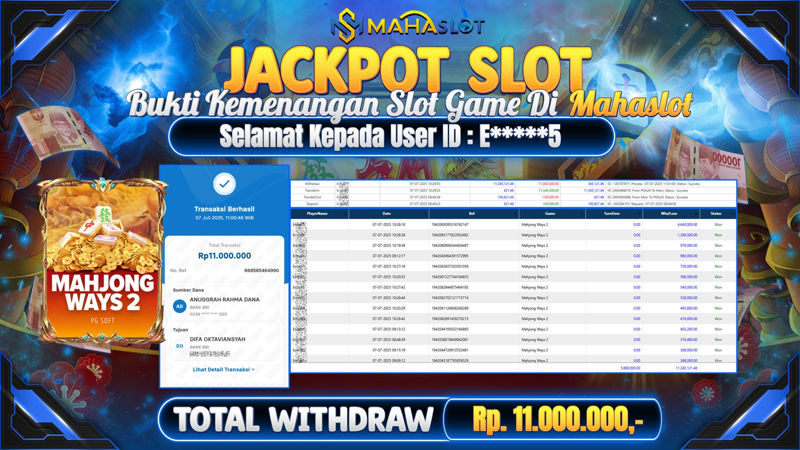 MAHASLOT JACKPOT SLOT GAME MAHJONG WAYS 2 Rp. 11.000.000,- LUNAS