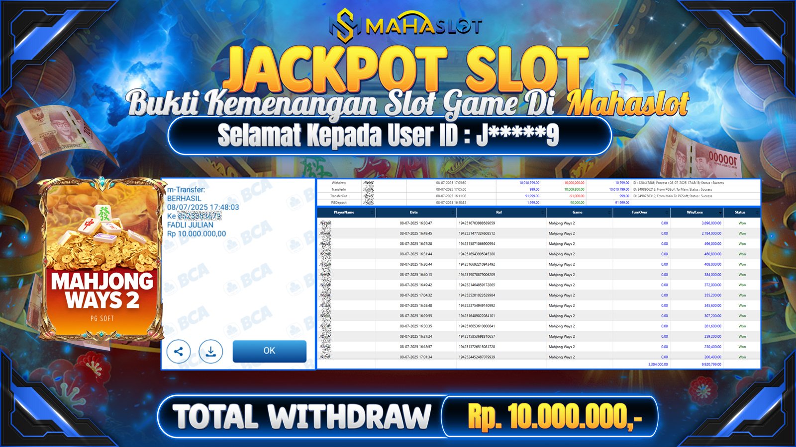 MAHASLOT JACKPOT SLOT GAME MAHJONG WAYS 2 Rp. 10.000.000,- LUNAS