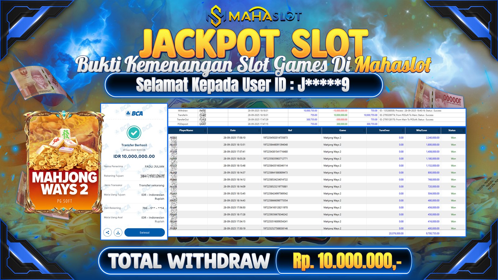 MAHASLOT JACKPOT SLOT GAME MAHJONG WAYS 2 Rp. 10.000.000,- LUNAS