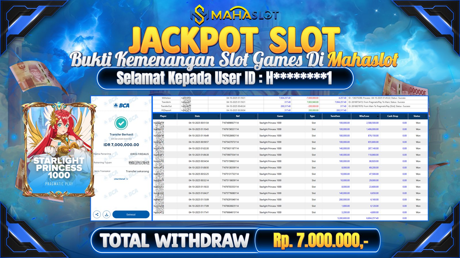 MAHASLOT JACKPOT SLOT GAME STARLIGHT PRINCESS 1000 Rp. 7.000.000,- LUNAS