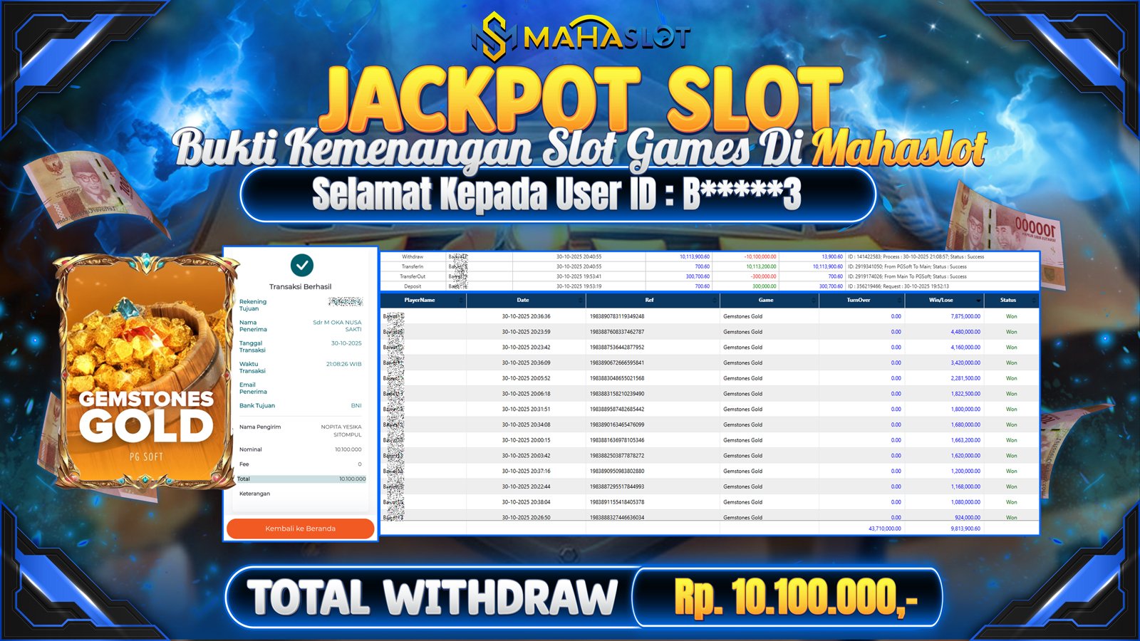 MAHASLOT JACKPOT SLOT GAME GEMSTONES GOLD Rp. 10.100.000,- LUNAS