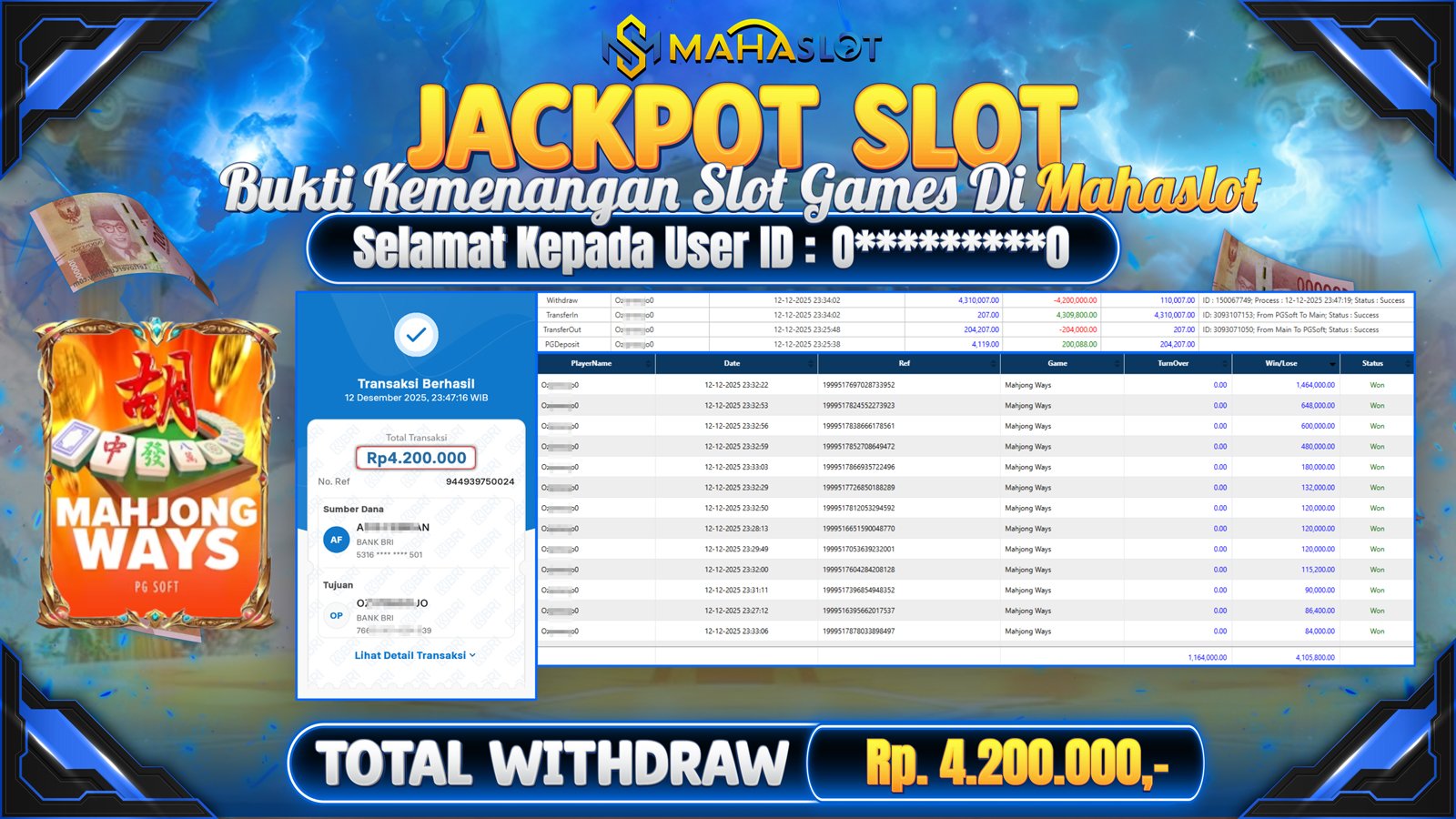 MAHASLOT JACKPOT SLOT GAME MAHJONG WAYS Rp. 4.200.000,- LUNAS