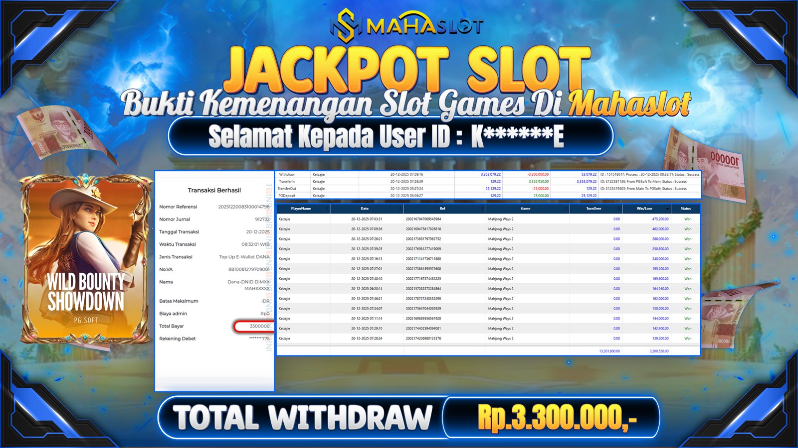 MAHASLOT JACKPOT SLOT GAME WILD BOUNTY SHOWDOWN Rp. 3.300.000,- LUNAS