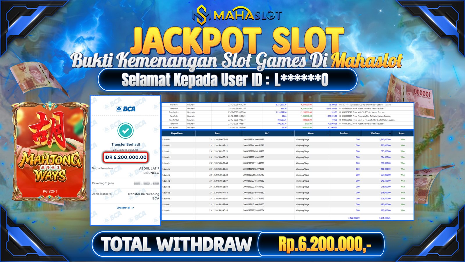 MAHASLOT JACKPOT SLOT GAME MAHJONG WAYS Rp. 6.200.000,- LUNAS