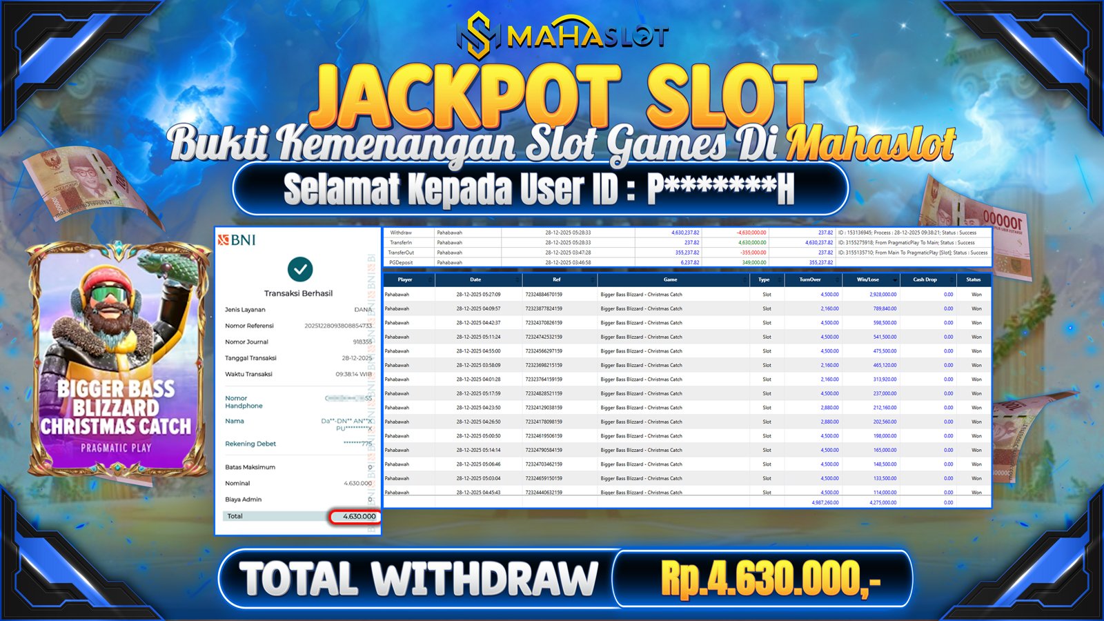 MAHASLOT JACKPOT SLOT GAME BIGGER BASS BLIZZARD CHRISTMAS CATCH Rp. 4.630.000,- LUNAS